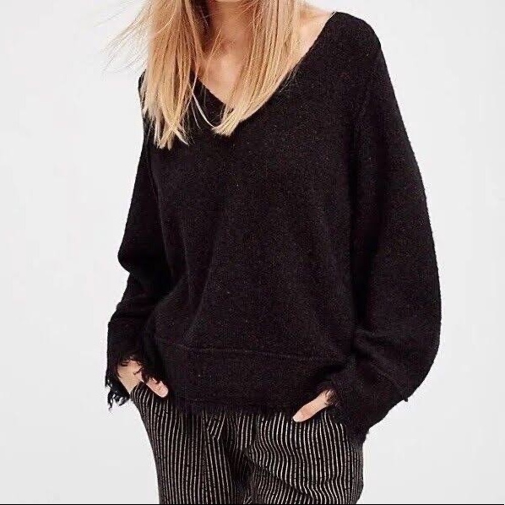 Free People Irresistible V Neck Sweater, Fringe Sweater | Medium | Color: Black